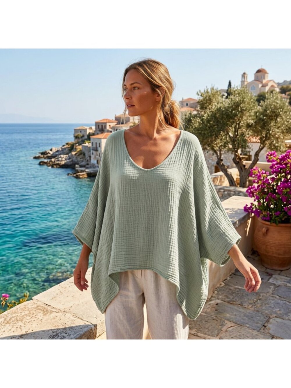 Sunday St Tropez Coros Green Linen Gauze Oversized Ponco Top